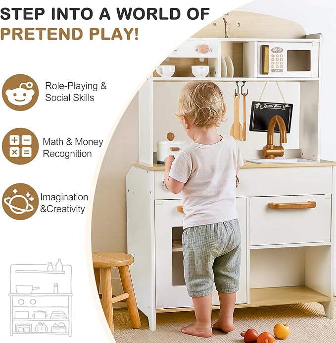 Dual-Sided Play Kitchen for Kids Toddlers, 2-in-1 Grocery Store&Wooden Toy Kitchen Set with Coffee Machine,Pretend Kitchen Play Set with Microwave, Oven, Gift for Boys Girls