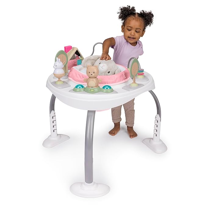 Ingenuity Spring & Sprout 2-in-1 Baby Activity Center Jumper and Table with Infant Toys - Ages 6 Months +, First Forest in Pink