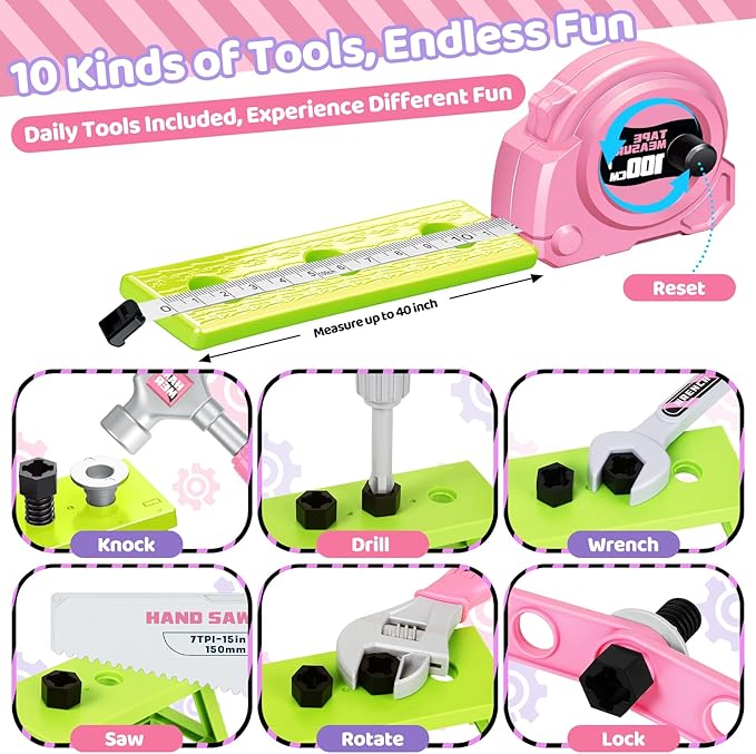 Kids Tool Set 46 PCS, Toddler Tool Set with Portable Tool Box & Power Toy Drill, Construction Toys Tools for Toddlers, Tool Kits for Girls Boys, Christmas Birthday Gifts for Kids Ages 3,4,5,6,7,8+