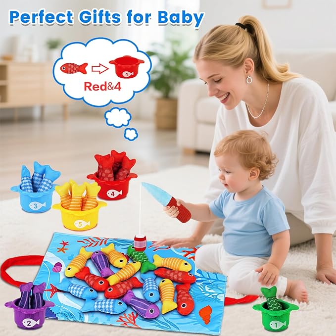 Montessori Toys for 1 Year Old Boy Girl Birthday Gift - Toddler Toys Cloth Fishing Game with Stacking Cups 1-3 - Number Counting Color Sorting Learning Baby Toy 12-18 Months