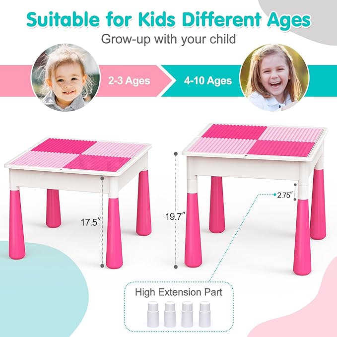 arscniek Toddlers Activity Table 7 in 1 Kids Activity Tables and Chairs Set with 152Pcs Large Marble Run Building Blocks, Sand/Water Tables, Kids Learning Play Table Toys for Girls Boys Toddler Pink