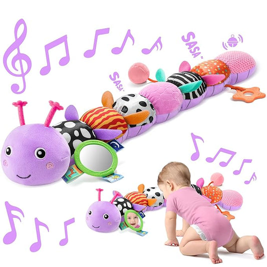 Sumobaby Baby Toys 0-6 6-12 Months, Music Caterpillar Plush Toy with Baby Mirror, Pull String&Crinkle Rattle,Infant Teething Toys,Tummy Time for 0-3-6-12 Month Boys Girls Newborn Gifts (Purple-Leaf)