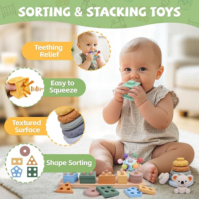 6-in-1 Montessori Baby Toys 0-6 6-12 Months, Infant Teething Toys Soft Stacking Blocks Rings Shape Sorter Sensory Fidget Spinners for Toddler 1-3, Christmas Stocking Stuffers for Girls Boys