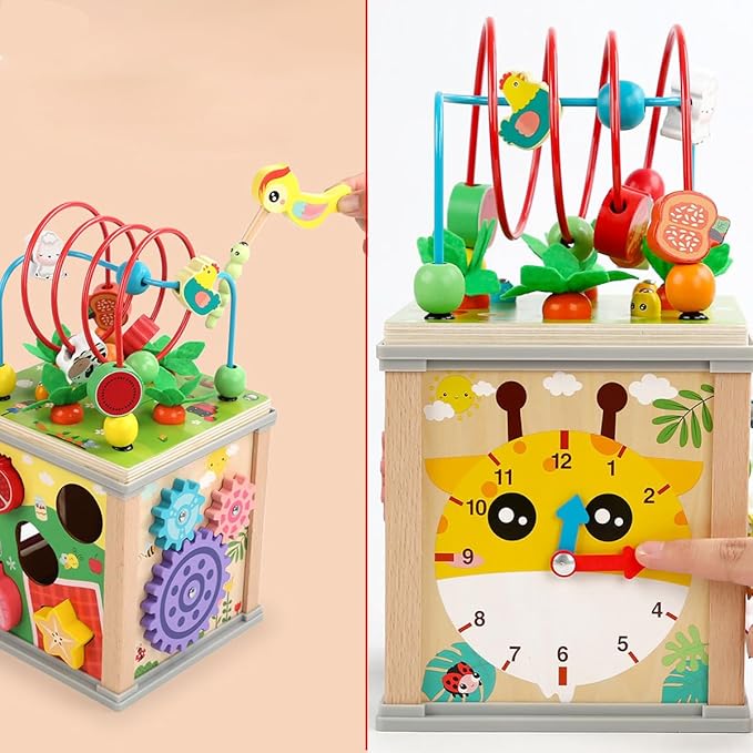 Toddlers Montessori Wooden Educational Toys, Wooden Baby Activity Cube,10 in 1 Carrot Pulling Baby Toy Gifts for 1+ Year Old Girls & Boys, Animal Shape Sorting Cube Toys for Kids