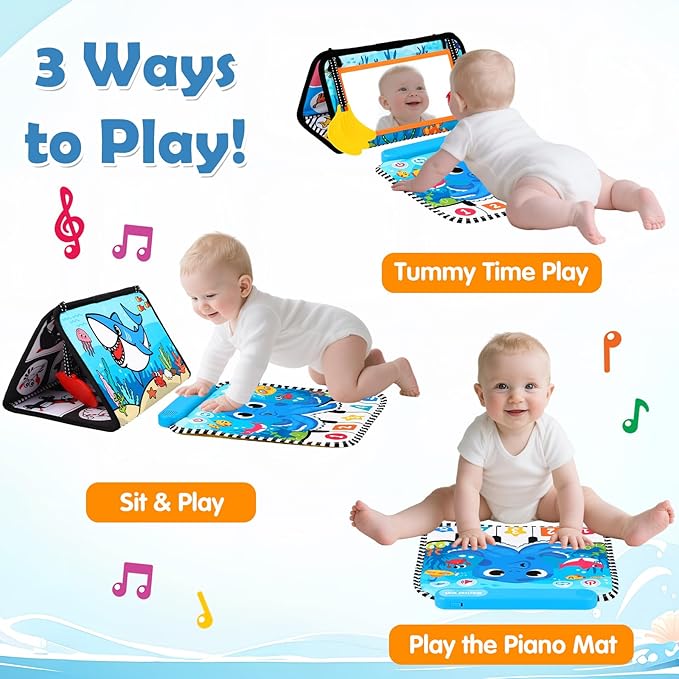 Tummy Time Mat Mirror Toys - Musical Activity Playmat Baby Toys for Newborn - Black and White High Contrast Montessori Sensory Crinkle Toy for Infant 0-3-6-12 Months Babies Boys Girls Shower Gifts