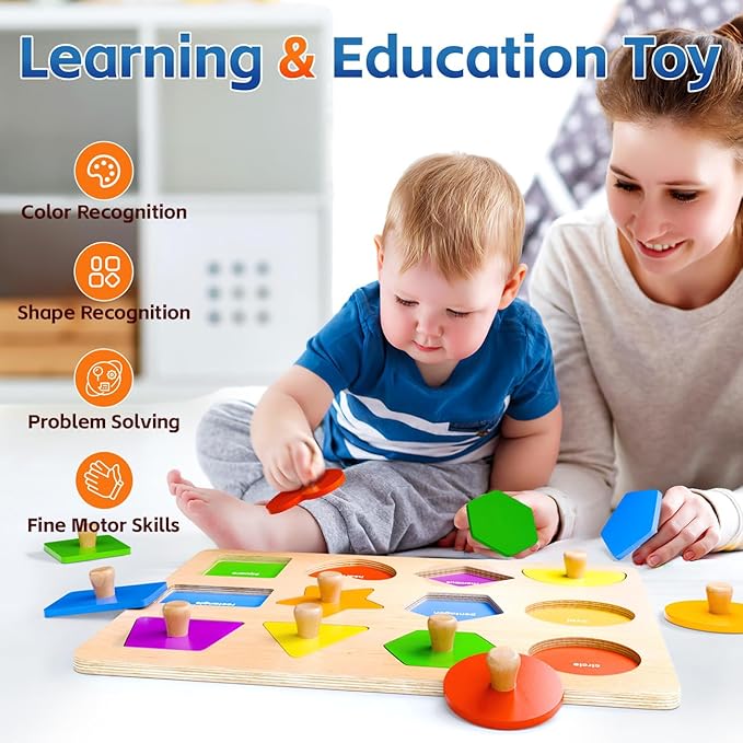 Wooden Shape Peg Puzzles for Toddlers 1 2 3 Year Old Boys Girls Gifts: Shape Sorter & Color Match Baby Puzzles 12-18-24 Months - Montessori Toys for 1 2 3 Year Old Toddler Learning Activities