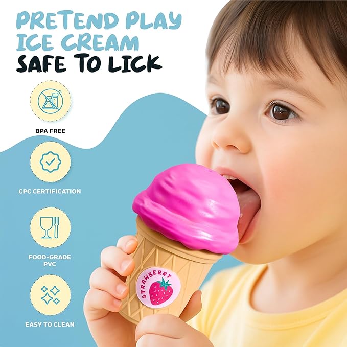 JOYCAT Ice Cream Play Set for Toddlers 1-3, Color Sorting Stacking Toys with 7 Matching Cones & Scoops, Pretend Play Food for Girls Kids Christmas Gifts, Fine Motor Skills Learning Toys for Preschool