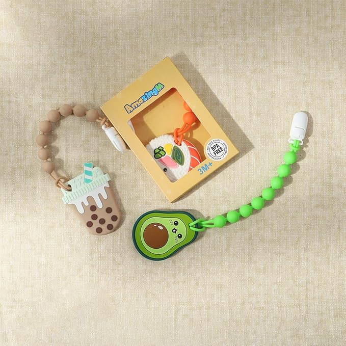 Baby Food Grade Silicone Teether Toy with Pacifier Clip Holder,Teething Toys Gift Set for 3 Months+ Boys and Girls,Freezer Safe,BPA Free. (Avocado)