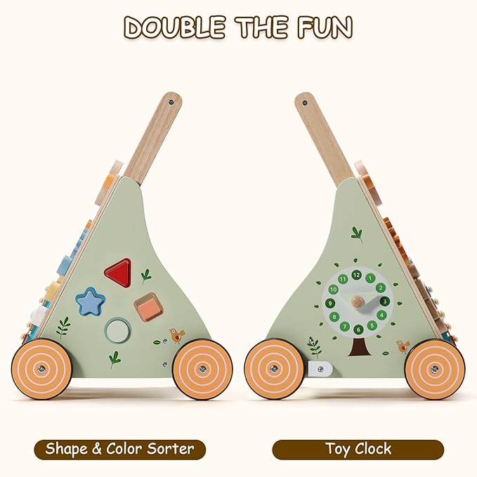 SainSmart Jr. Wooden Baby Walker, Adjustable Height and Speed Baby Push Walker, Montessori Activity Center for 6-12 Months, Push Walking Toys for 1 Year Old Boys Girls Learning to Walk, Animal Theme