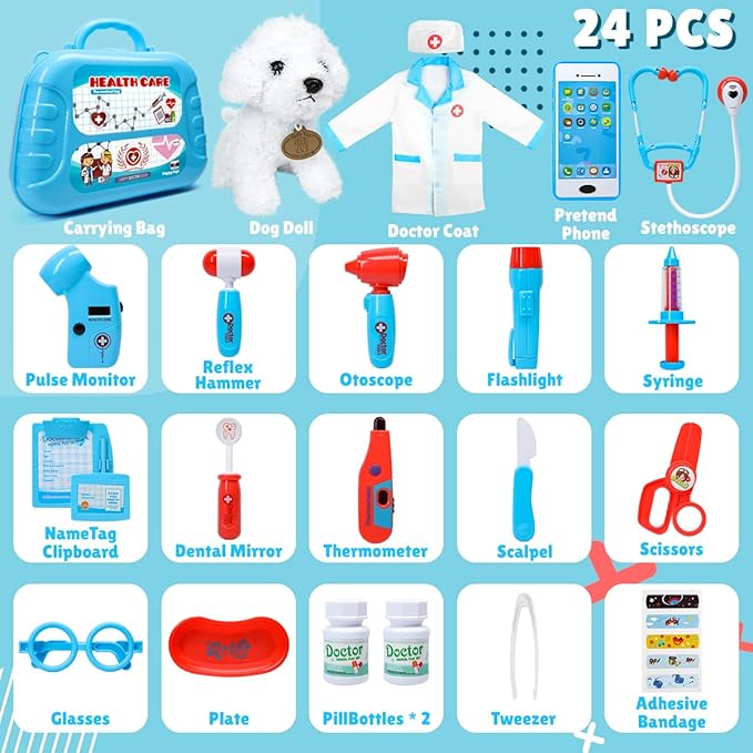 Meland Toy Doctor Kit for Kids - Pretend Play Doctor Set with Carrying Case, Stethoscope Toy & Dress Up Costume - Doctor Play Set for Kids Toddlers Ages 3 4 5 6 Year Old for Role Play Gift