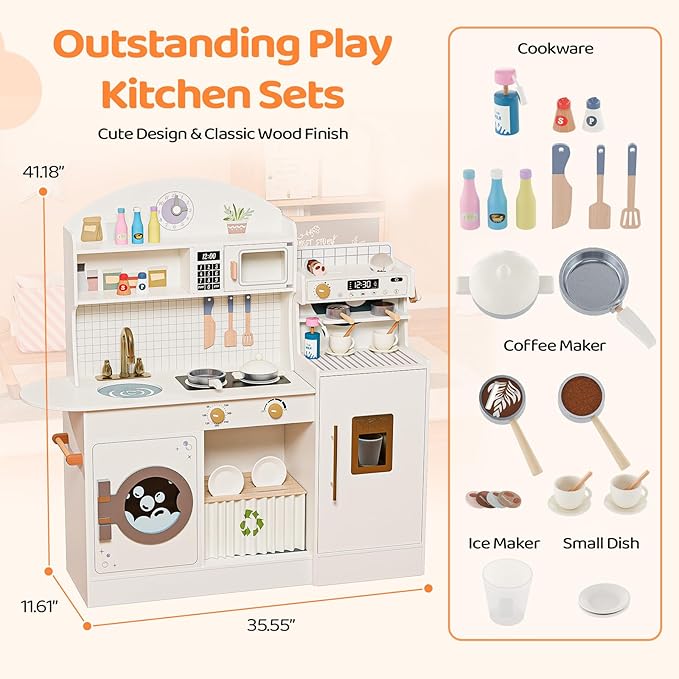 JOYMOR Wooden Play Kitchen w/Coffee Machine, Plenty of Play Pretend Kitchen Accessories, Kids Play Kitchen Design, Best Gift for Ages 3+ (Cream&Gold)