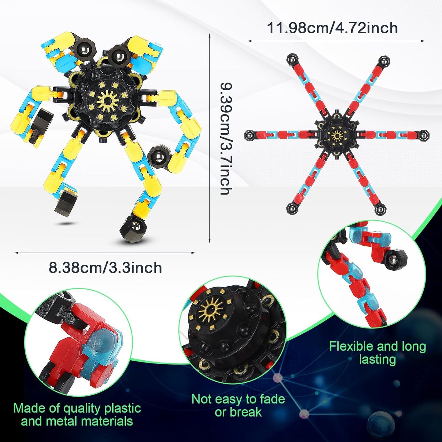 100 Pcs Funny Sensory Fidget Toy Bulk Transformable Chain Robot Finger Toys Fidget Spinners Stress Relief Fingertip Gyro Deformable Mechanical Spiral Twister Spinner Toy for Adult Kids ADHD (Glow)