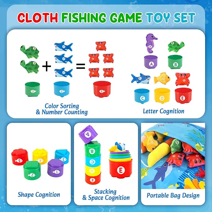 Letoya Toddler Toy Montessori Toys for 1 Year Old Boy Girl Birthday Gifts, Cloth Fishing Game for Toddlers 1-3 with Stacking Cups-Number Counting, Shape Learning Toys
