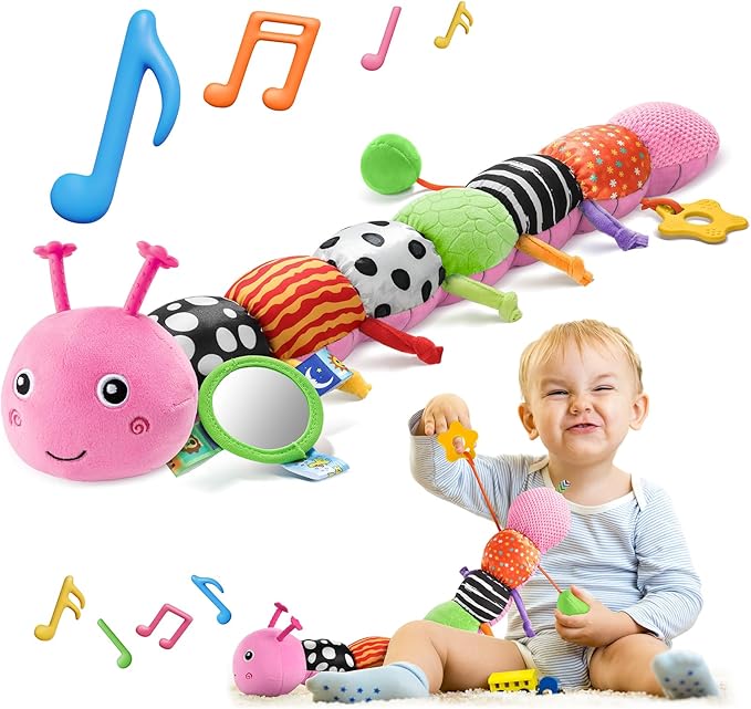 HEMRLY Baby Sensory Toy 0-6 Months, Musical Stuffed Caterpillar Plush with Teether, Crinkle, Rattle, Baby Mirror for Tummy Time, Infant Car Seat Toy for 0-3-6-12 Month Boys Girls Gifts - Knotted Pink
