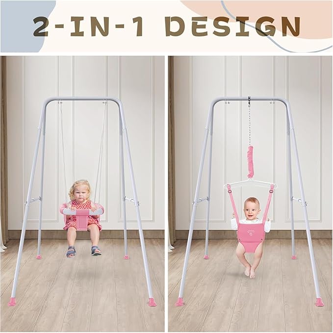 2 in 1 Baby Jumper with Swing - Indoor and Outdoor Use, Toddler Swing with Foldable Stand （Pink）