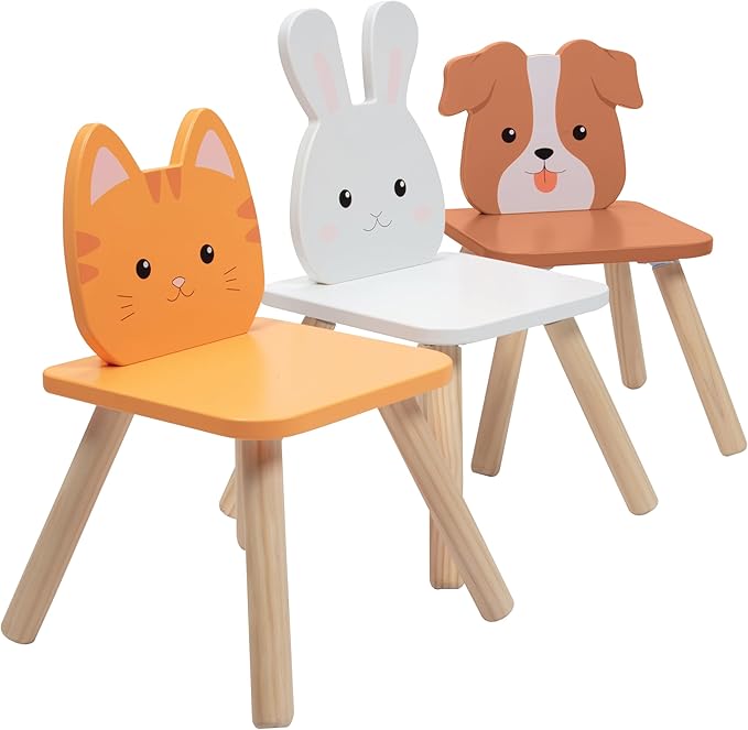 Kids Wooden Animal Table & Chair Set w 4 Seats- Puppy Kitten Bunny Plus Adult Stool for Arts Crafts Activity, Dining, Pretend Play- Playroom Furniture for Home, Daycare Classroom- Toddler Xmas Gift