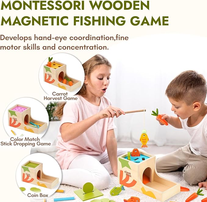 Giant bean 8-in-1 Wooden Montessori Toys Set Learning Toys for Baby 12-18 Month with Object Permanence Box, Senser Ball Roll Tower, Hammer, Fishing Carrot, Shape Sorting Stacking Cup for Kids 1+