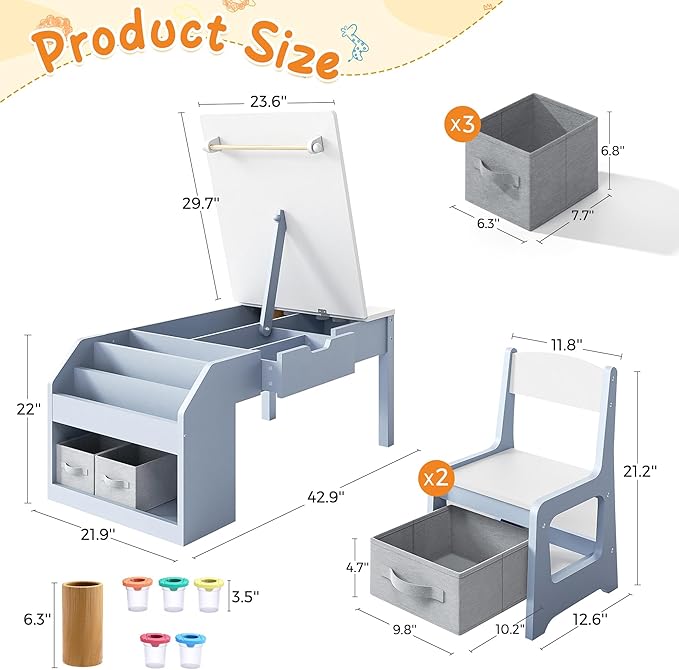 5-in-1 Kids Art Table and Chairs, Wood Toddler Table and Chair Set with Storage Drawers, Craft Play Desk for Kids, Convertible Art Easel with Paper Roll Holder, Children Activity Learning Center-Blue