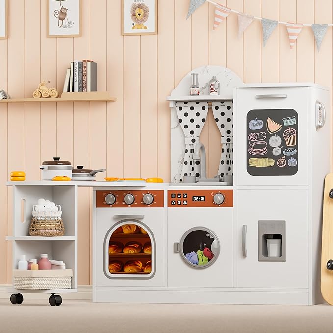 Wooden Play Kitchen with 180 Degree Rotation, Interactive Kids Corner Toy Kitchen Playset with Lights & Sounds, Toddler Kitchen Play Set with Realistic Accessories for Girls Boys Ages 3+, White