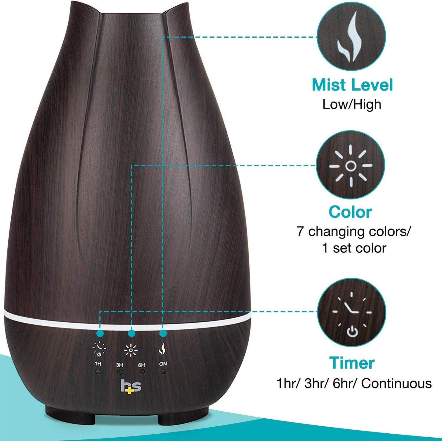 HealthSmart Essential Oil Diffuser, Cool Mist Humidifier and Aromatherapy Diffuser with 500ML Tank Ideal for Large Rooms, Adjustable Timer, Mist Mode and 7 LED Light Colors, Brown