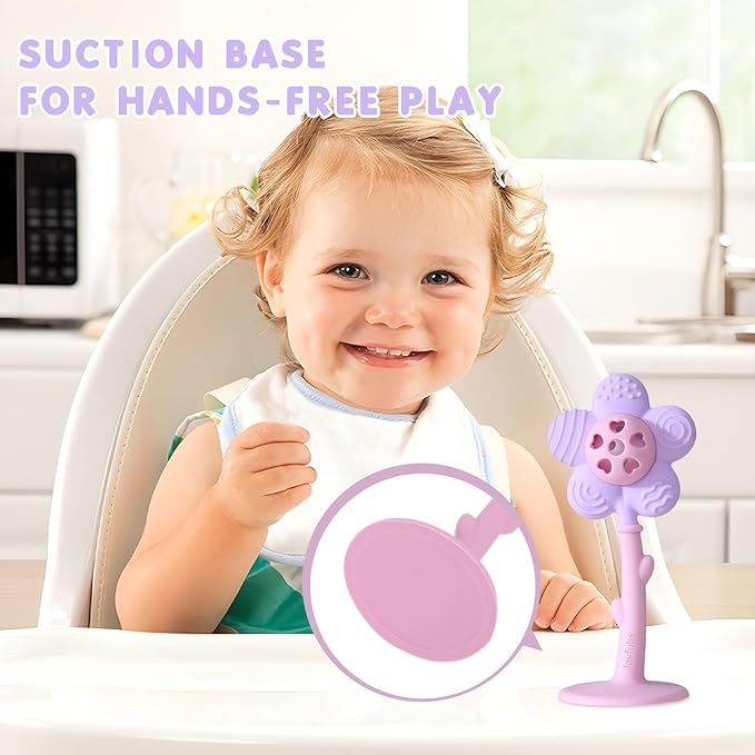 Baby Teething Toys 3-6 Months, Teether and Sensory Rattle for Babies 0-6 Months, Food Grade Silicone Teethers 6-12 Months, Infant Teething Relief Chew Toys, Sunnyflower Teether Toy BPA Free - Purple
