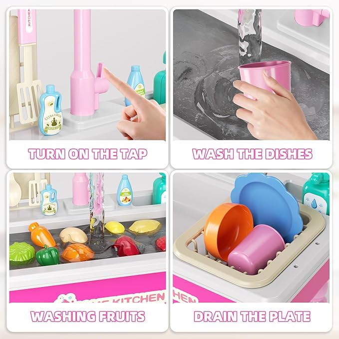 Doloowee Color Changing Kitchen Sink Toys,Electric Dishwasher Playing Toy Play Sink for Kids 3-5 with Running Water,Upgraded Faucet and Play Dishes,Pretend Play Kitchen Toys for Kids Boys Girls(Pink)