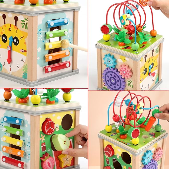 Toddlers Montessori Wooden Educational Toys, Wooden Baby Activity Cube,10 in 1 Carrot Pulling Baby Toy Gifts for 1+ Year Old Girls & Boys, Animal Shape Sorting Cube Toys for Kids