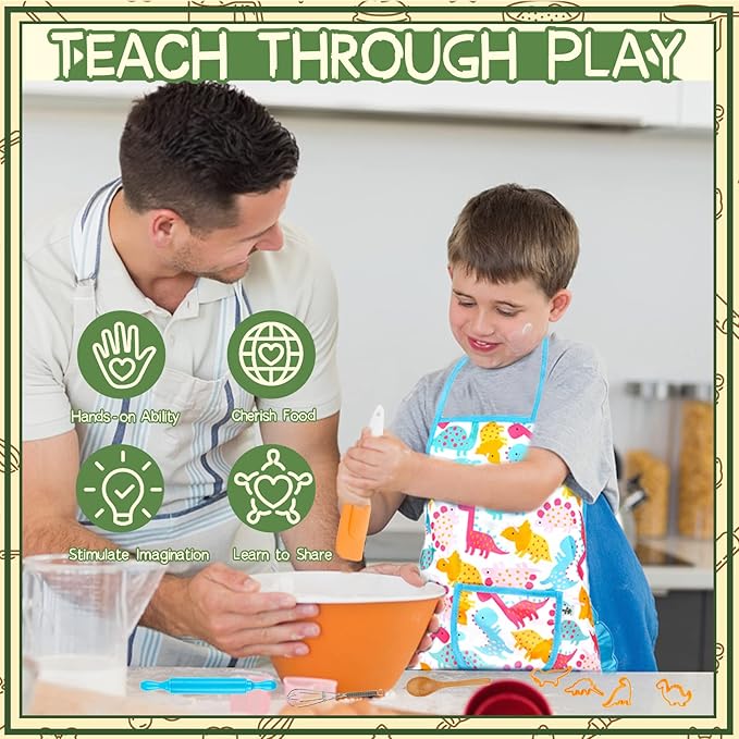 KAEGREEL Kids Baking Chef Set, 26Pcs with Dinosaur Apron & Hat Role Play Cooking Chef Cooking Dress Up Toys, Pretend Play Kitchen Toys Gifts for Boys Girls Aged 3-8