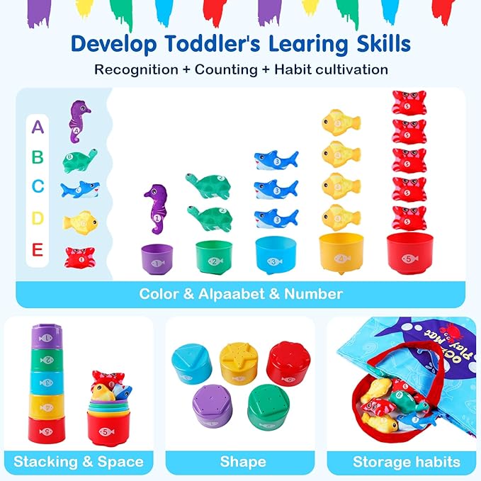 M SANMERSEN Montessori Toys for 1-2 Year Old - Toddler Fishing Game with Stacking Cups, Baby Toy 12-18 Months One Year Old Boy Girl Birthday Gift to Learn Count, Sort Colors and Shapes