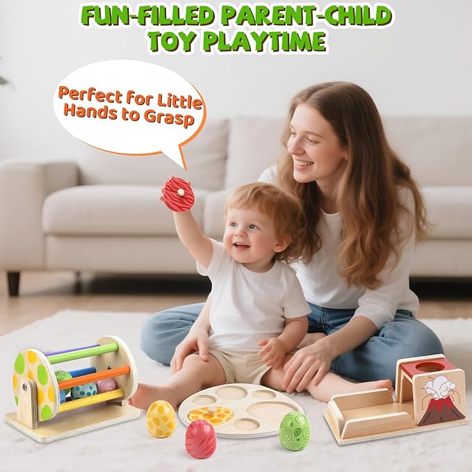 Montessori Toy Wooden Baby Toy Dinosaur Egg Toy, Spinning Drum, Object Permanence Box Ball Drop Toy, Stacking Matching Shape Puzzle Game Early Learning Gift Christmas Birthday for Toddlers