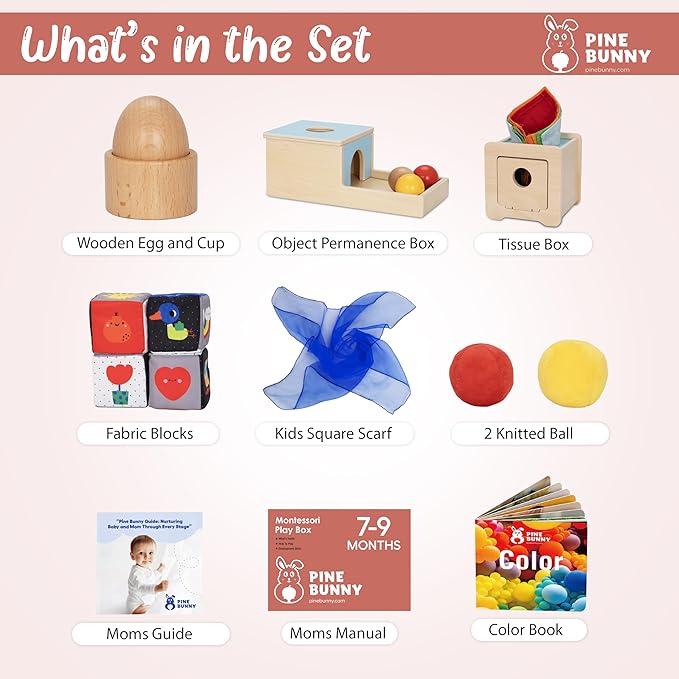 Pine Bunny Montessori Wooden 10-in-1 Toy Set for 7+ Months, Object Permanence Box, Egg and Cup, Tissue Box, Fabric Blocks, Scarf, Educational Learning Sensory Development Fine Motor Skills Baby Toys