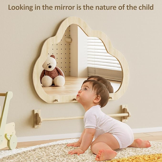 Montessori Mirror with Bar, Baby Pull to Stand Toys, Easy Assembly Natural Frame, Adjustable Infant Mirror, Montessori Furniture for Toddler 6-18 Months-Natural