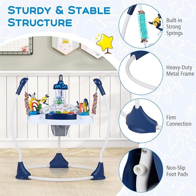 BABY JOY Baby Activity Center, Baby Jumpers and Bouncers with Music, Lights, 360° Rotating Seat, 3 Adjustable Heights, Montessori-Inspired Activity Center for Baby 6 Months + (Blue)