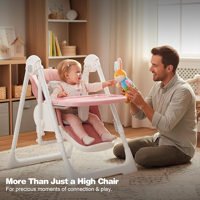 High Chairs for Babies and Toddlers Foldable High Chair Adjustable with Reclining Seat & Leg Rest, 3-in-1 Convertible Baby Swings with Tool-Free Assembly (Pink)