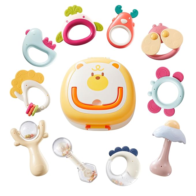 Baby Rattles & Teethers Toys 10-Piece Set, Sensory Toys for 0-12 Months Newborn Infants，Developmental Baby Shower Gift with Gift Box for Boys and Girls(BPA Free)