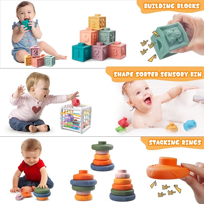 4-in-1 Baby Toys Montessori Soft Stacking Blocks for Babies, Infants Teething Toys, Sensory Balls and Educational Learning Set for Toddlers (Boys & Girls)