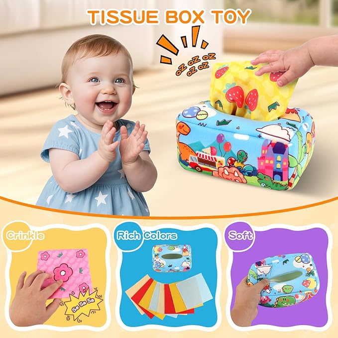 Montessori Toys for Babies 6-12 Months, 7 in 1 Wooden Educational Development Toys Sensory Learning Gift for Toddlers with Object Permanence Box, Emotion Learning Mirror, Tissue Box,Rainmaker and More