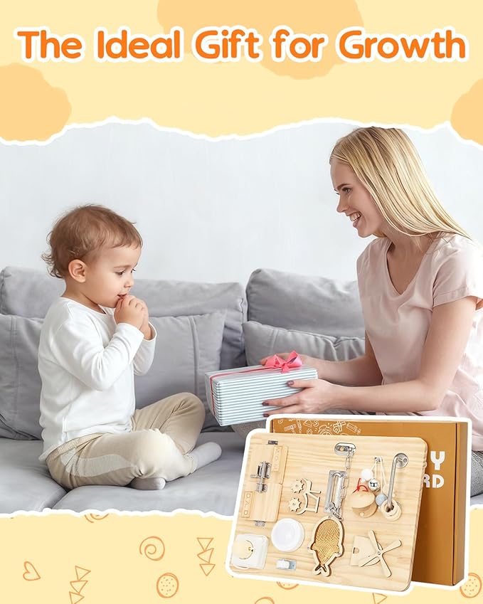 Montessori Busy Board for 1 2 3 4 Year Old, Wooden Sensory Toys, Montessori Sensory Toys for Fine Motor Skills, Sorting & Stacking Toys, Fidget Activity Board for ADHD & Autistic, Ideal Gift Choice