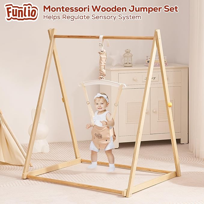 FUNLIO Montessori Wooden Baby Jumper with Stand for 6-36 Months, Adjustable Baby Bouncer for Indoor/Outdoor Play, Foldable Toddler Jumper for Baby Girl/Boy, Easy to Assemble & Store