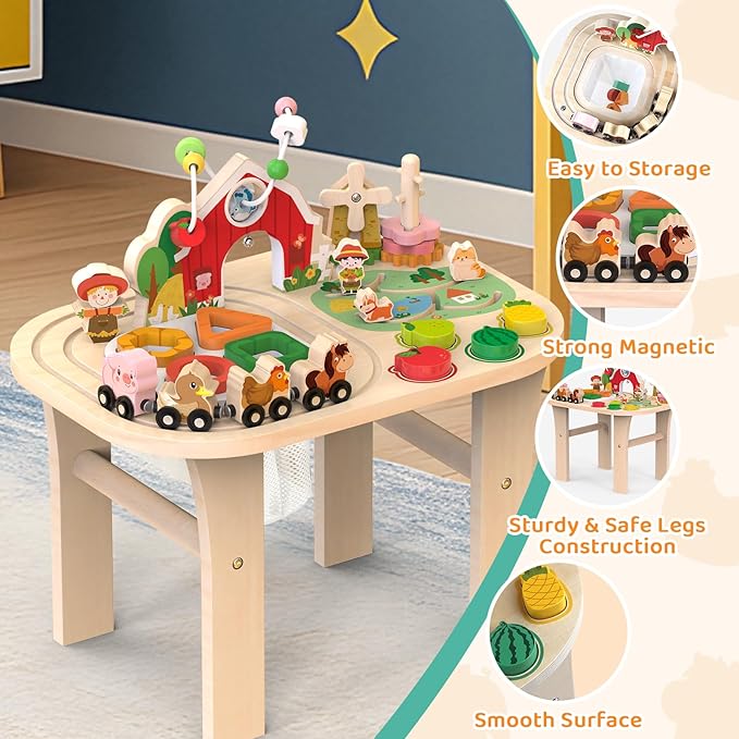 Activity Table for 1 Year Old, Baby Wooden Sensory Table with Bead Maze Shape Sorter Train Track for Toddler, Farm Montessori Toy Activity Center Educational Learning Toys for Kids 12+ Months
