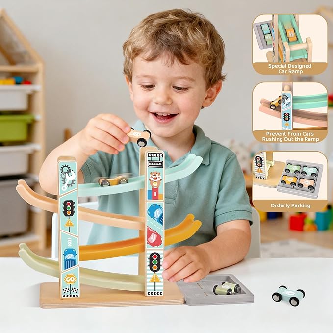 Wooden Montessori Toys for 1 Year Old, Pounding Hammering Toy with Xylophone & Fishing Game, Car Ramp Toy, Stacking Blocks & Shape Sorter 3 in 1 Wooden Toddler Toys 1 2 3 for Christmas Birthday Gifts