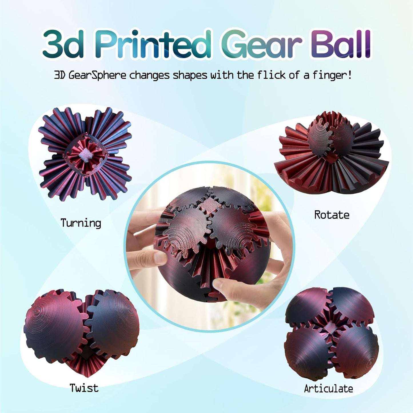 3D Printed Gear Ball Spin Ball Cube Fidget Toy, 2024 3D Printed Gear Sphere Cube Puzzle Birthday Gift, Stress and Anxiety Relaxing Fidget Toy, GearSphere Desk Toy (Black-red)