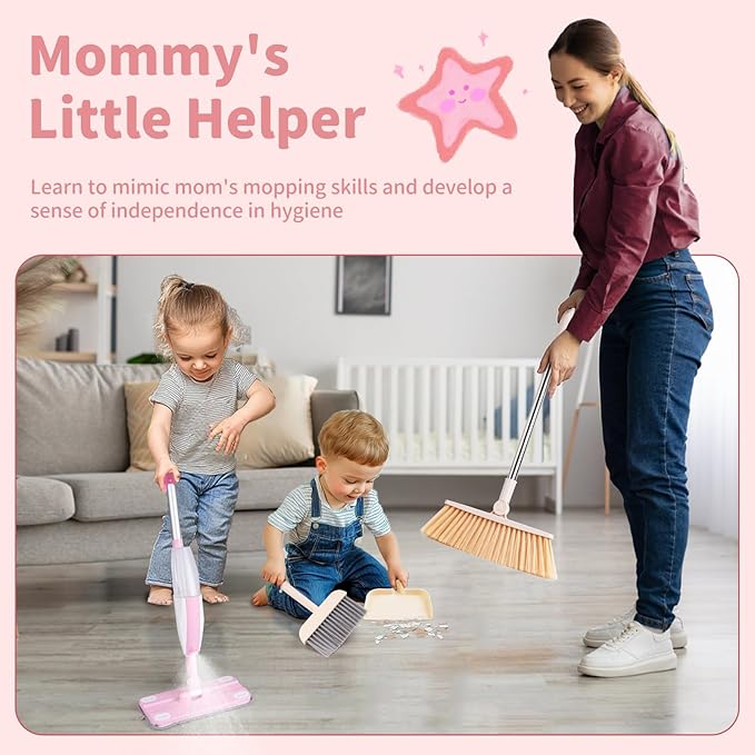 Kids Spray Mop,Toddler Mop Cleaning Set, Real Working Mini Mop & Kids Broom Dustpan Set, Housekeeping Pretend Play Toy, Montessori Kid Cleaning Toy Set Includes Organizer Clip -Pink