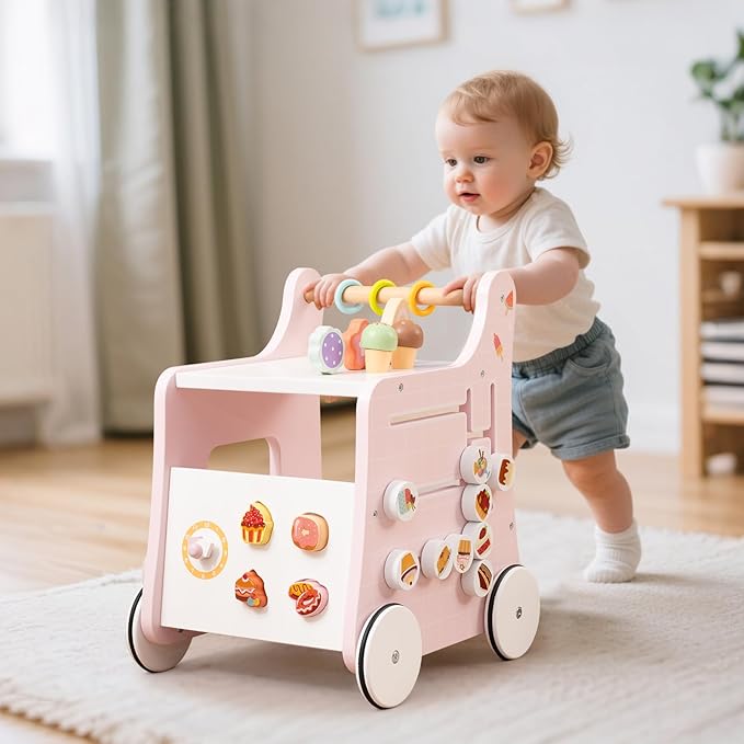 HONEY JOY Baby Push Walker, 8-in-1 Wooden Kids Ice Cream Cart & Activity Walker, Develop Motor Skills & Creativity, Dessert Shop Push Toys for Babies Learning to Walk, Gift for Boys and Girls (Pink)