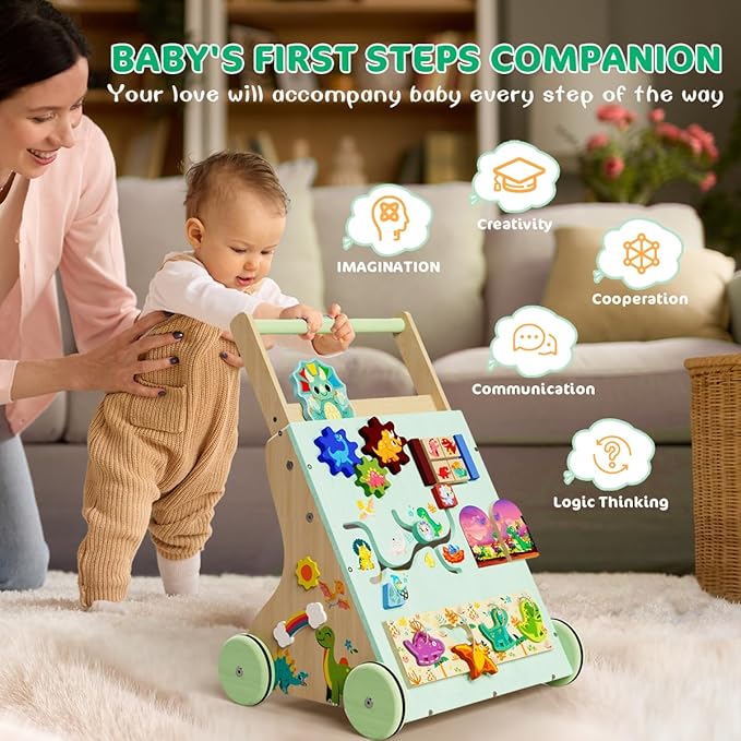 Wooden Baby Walker, Dinosaur Toddler Push Walker, Montessori Learning Activity Center for Boys Girls, Develops Motor Skills Sit-to-Stand Toys Multifunctional Educational Gifts for Kids Infant