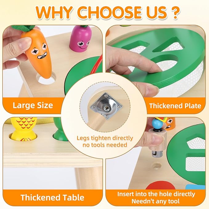 Activity Table for 1+ Year Old, 7 in 1 Wooden Montessori Activity Center Play Table with Drum, Bead Maze Shape Sorter Fishing Game, Kids Sensory Educational Toddler Learning Toys 1st Birthday Gifts