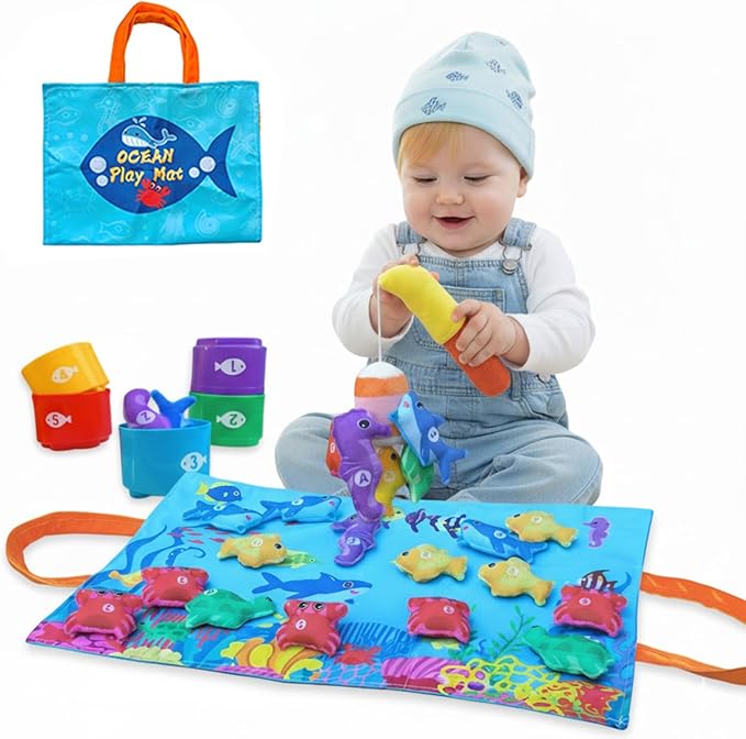 Montessori Toddler Toys for 1-3 Years Old Boys and Girls，22PCS Cloth Fishing Game with Stacking Cups, Color Sorting & Number Learning, Educational Birthday Gift for 6-18 Month Babies