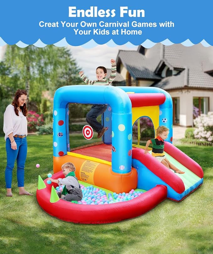 Step4Fun Inflatable Bounce House, Kids Castle Slide Bouncer for Children Jumping Outdoor and Indoor Party, Baby Backyard Water Jumper Toy with Blower, Ball Pit Pool, Ideal Gifts（112 x 98 x 65”）