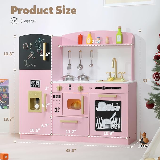 Pretend Kitchen Playset for Kids, Interactive Play Kitchen Wooden Toy Set w/Realistic Design, Sink, Microwave, Ice Maker, Dishwasher, Toddler Cooking Set Toy for Ages 3+, Pink