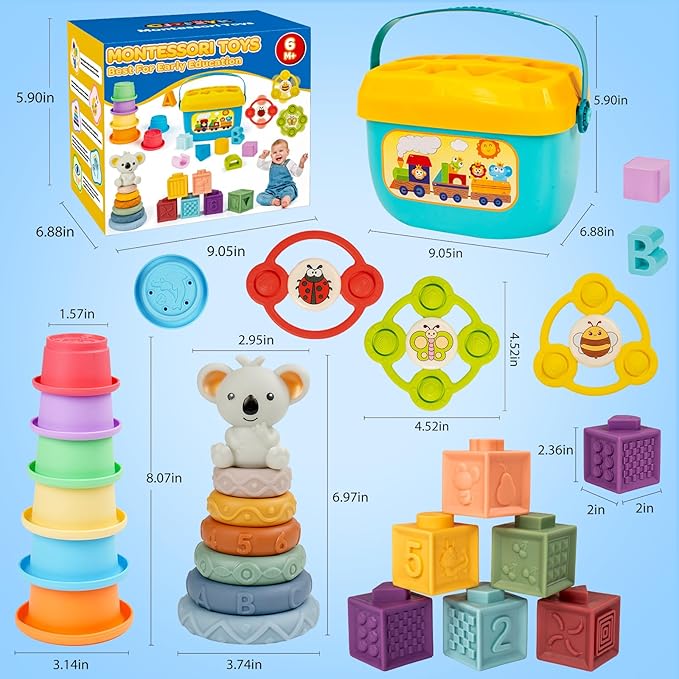 Montessori Toys for Babies Ages 6–12–18 Months with Sensory Shape Sorter Matching Game Box Stacking Cups Soft Ring, Building Blocks, Spinner Developmental Learning Toys for Toddlers 1+ Year Old